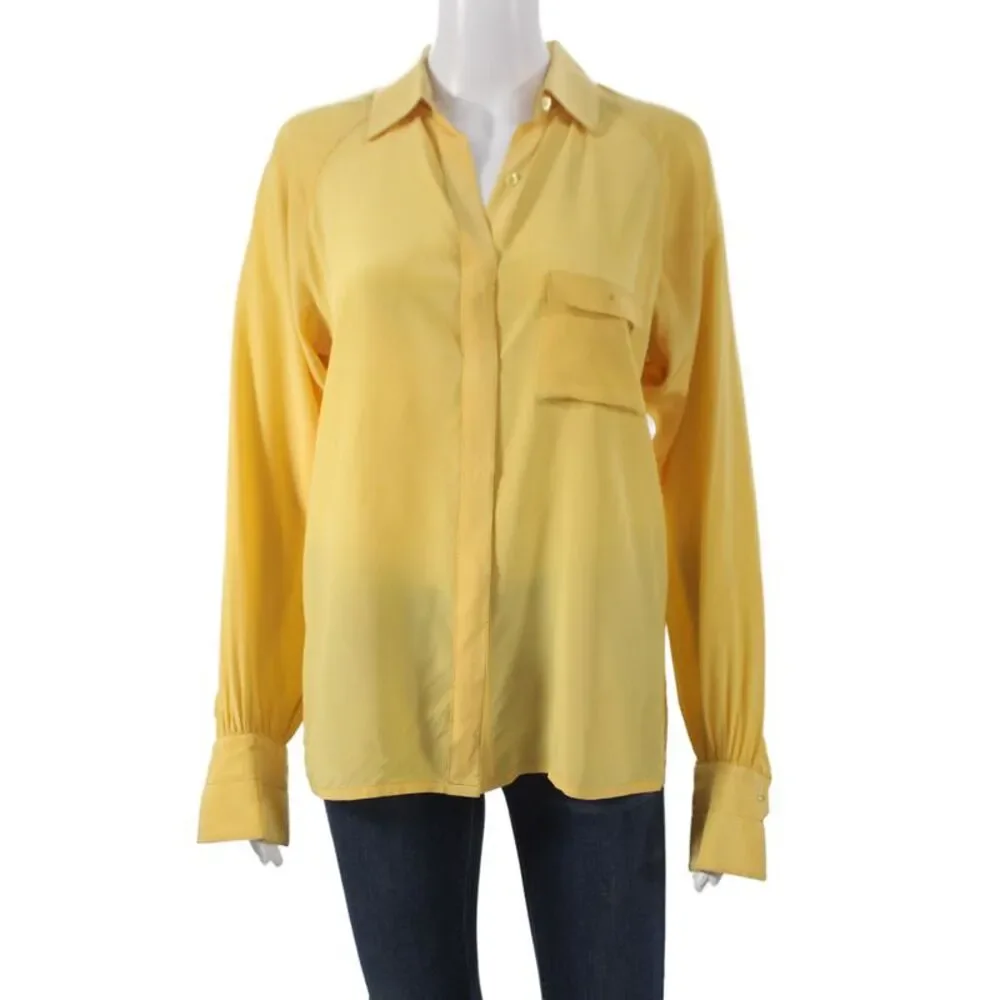 Chanel Women Yellow Silk Collared Long Sleeve Basic Blouse Size 38